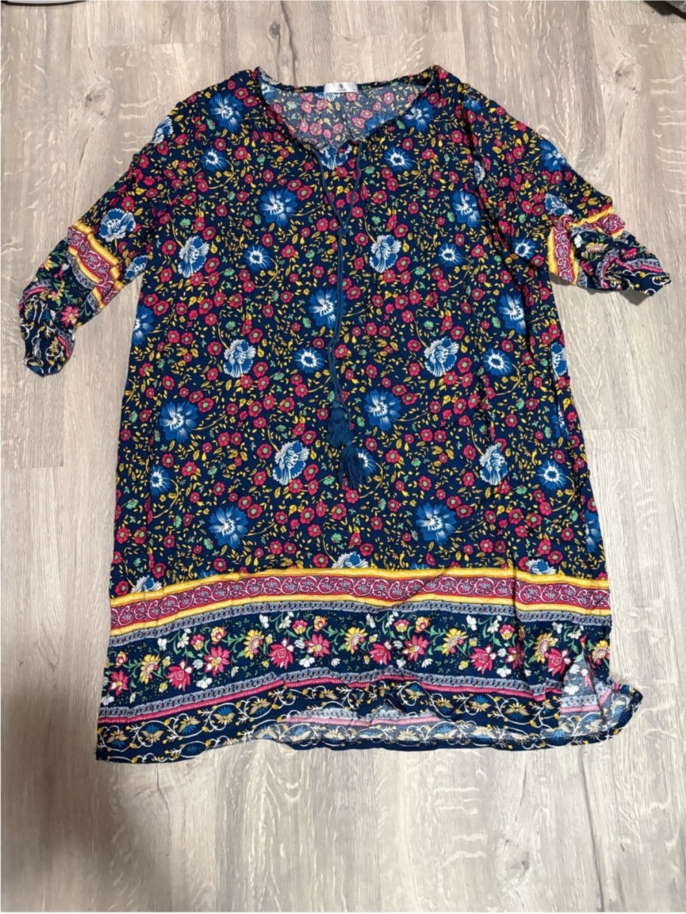 3 for $14 ht Navy Floral Long Sleeve Boho Dress with Tassel Tie